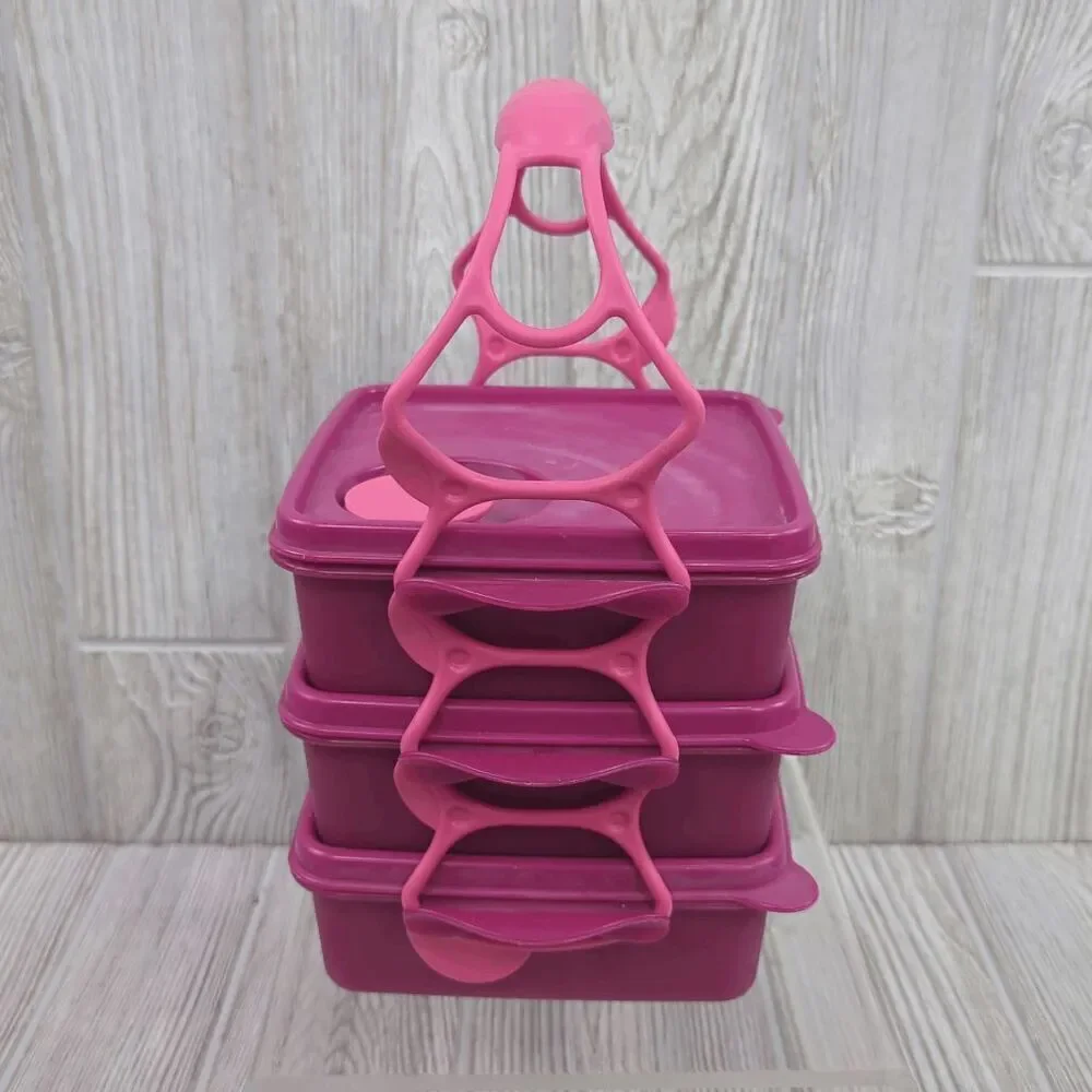 Vintage Tupperware Set of 3 Stackable Square Containers with Cariolier Pink